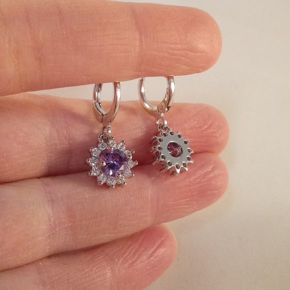 18K White Gold Filled Purple Diamond Zircon Sunflower Dangle Earrings Gorgeous - Picture 3 of 3
